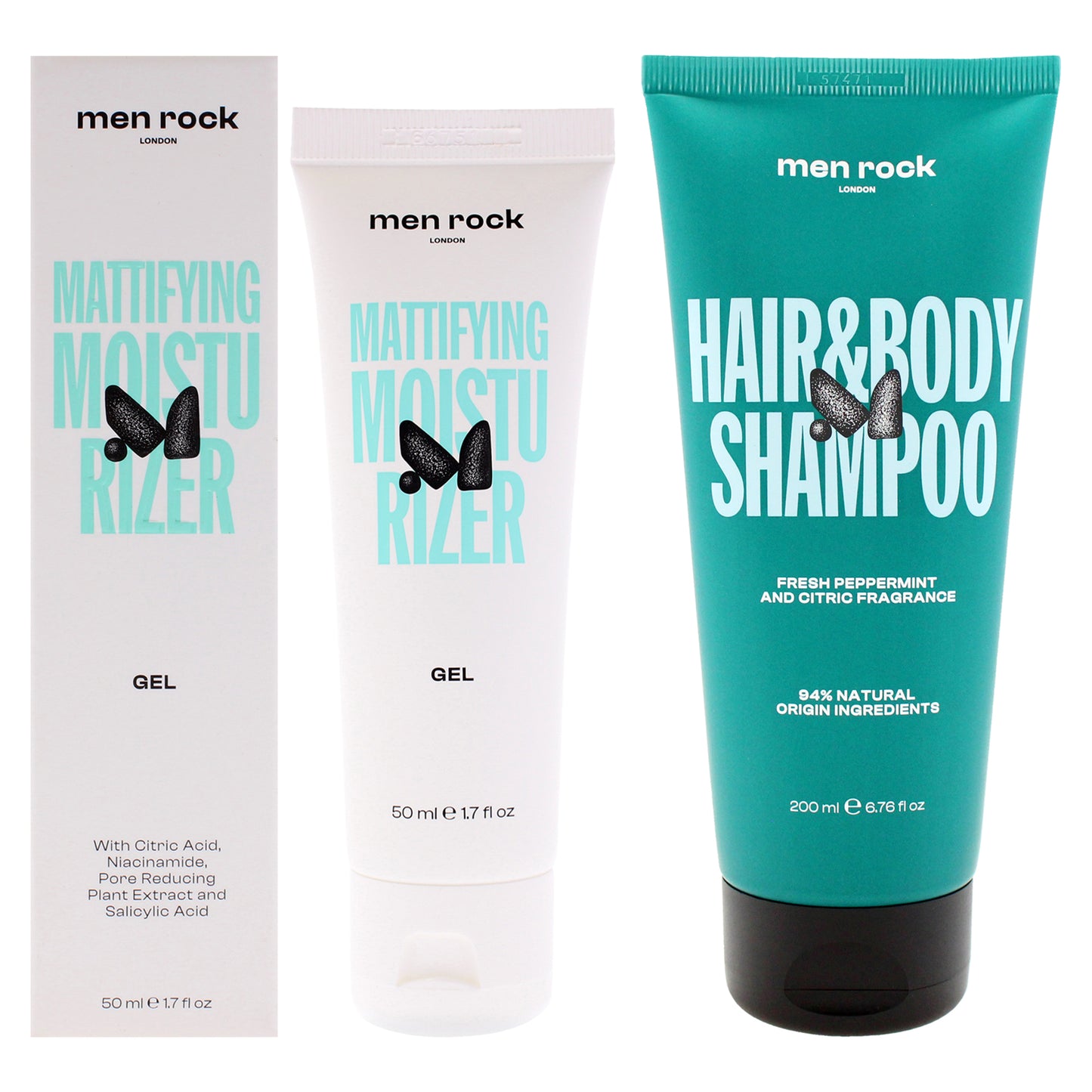 Men Rock Kit by Men Rock for Men - 2 Pc Kit 1.7oz Mattifying Moisturizer, 6.76oz Hair and Body Shampoo