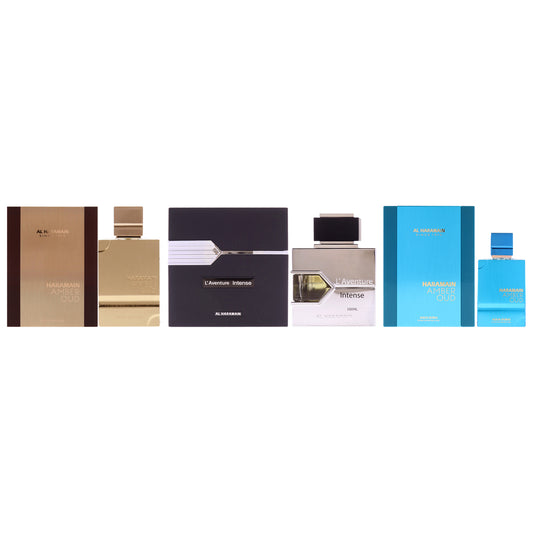 Al Haramain Kit by Al Haramain for Unisex - 3 Pc Kit 2oz Amber Oud - Gold Edition EDP Spray, 2.53oz Amber Oud - Aqua Dubai Edition Extrait De Parfum Spray, 3.33oz Laventure - Intense EDP Spray