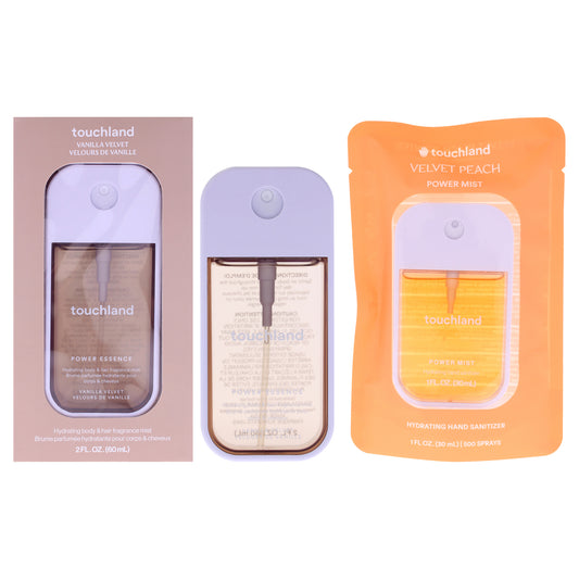 Power Mist and Essence Kit by Touchland for Unisex - 2 Pc Kit 2oz Fragrance Mist - Vanilla Velvet, 1oz Hand Sanitizer - Velvet Peach