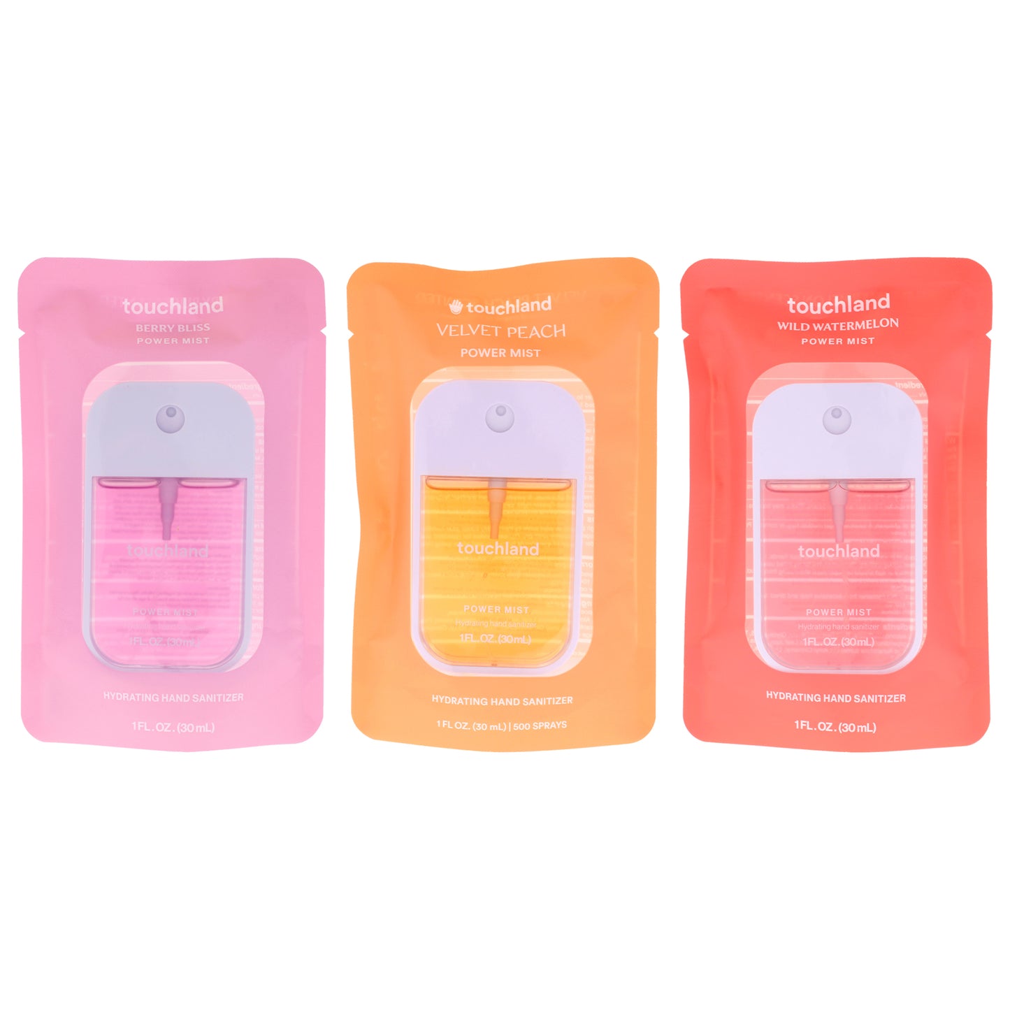 Power Mist Kit by Touchland for Unisex - 3 Pc Kit 1oz Hand Sanitizer - Velvet Peach, 1oz Hand Sanitizer - Wild Watermelon, 1oz Hand Sanitizer - Berry Bliss
