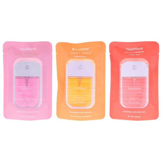 Power Mist Kit by Touchland for Unisex - 3 Pc Kit 1oz Hand Sanitizer - Velvet Peach, 1oz Hand Sanitizer - Wild Watermelon, 1oz Hand Sanitizer - Berry Bliss