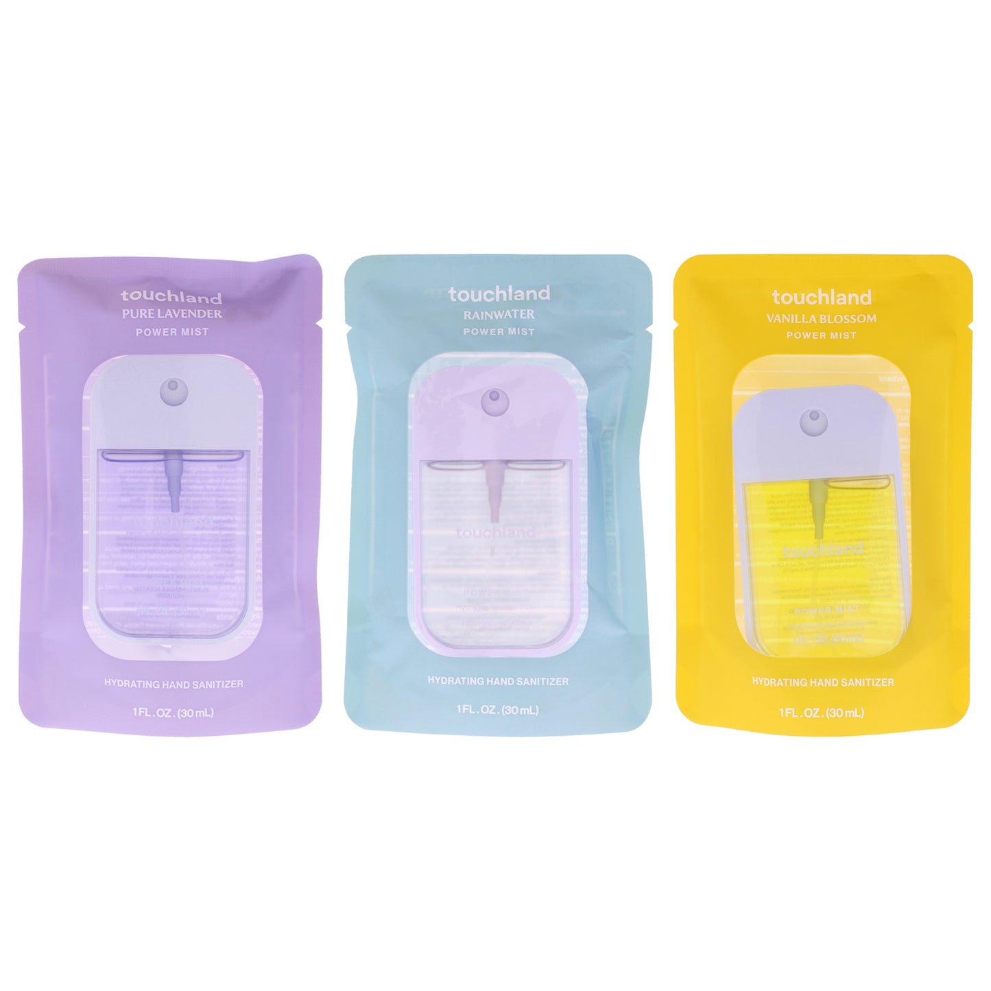 Power Mist Kit by Touchland for Unisex - 3 Pc Kit 1oz Hand Sanitizer - Pure Lavender, 1oz Hand Sanitizer - Rainwater, 1oz Hand Sanitizer - Vanilla Blossom