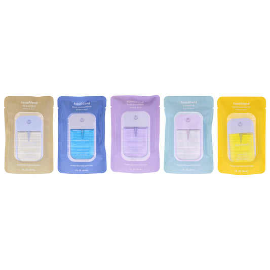 Power Mist Kit by Touchland for Unisex - 5 Pc Kit 1oz Hand Sanitizer - Rainwater, 1oz Hand Sanitizer - Blue Sandalwood, 1oz Hand Sanitizer - Pure Lavender, 1oz Hand Sanitizer - Vanilla Blossom, 1oz Hand Sanitizer - Beach Coco
