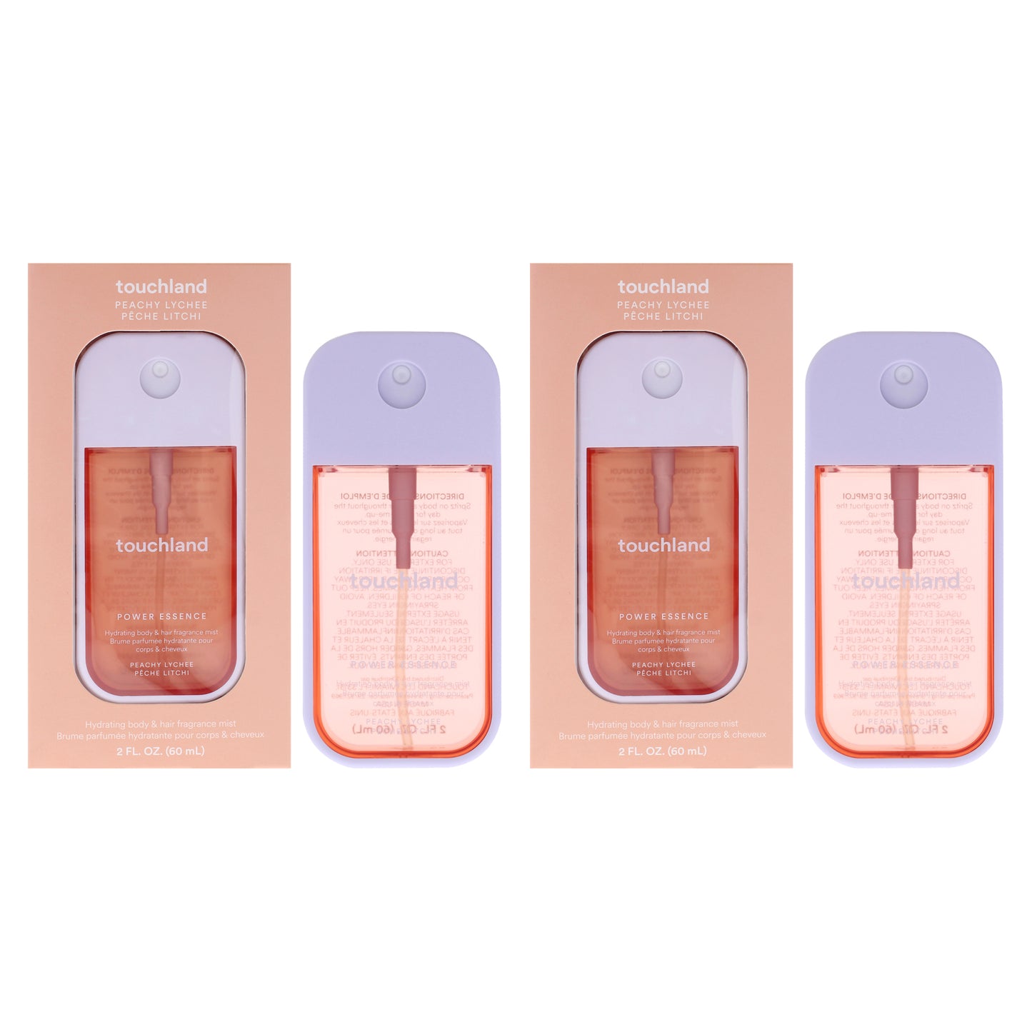Power Essence Hydrating Body and Hair Fragrance Mist - Peachy Lychee by Touchland for Unisex - 2 oz Fragrance Mist - Pack of 2