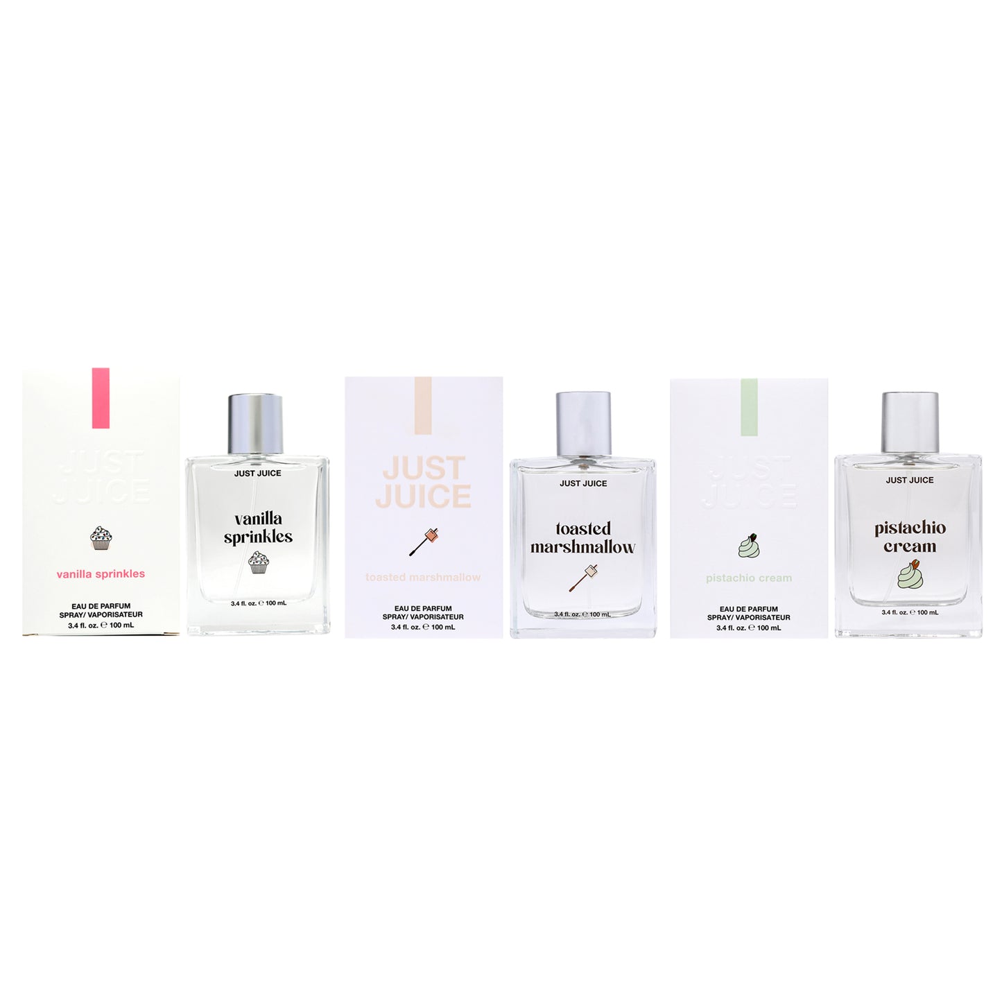 Sweet and Addictive Kit by Just Juice for Unisex - 3 Pc Kit 3.4oz Vanilla Sprinkle EDP Spray, 3.4oz Toasted Marshmallow EDP Spray, 3.4oz Pistachio Cream EDP Spray