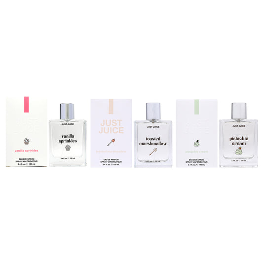 Sweet and Addictive Kit by Just Juice for Unisex - 3 Pc Kit 3.4oz Vanilla Sprinkle EDP Spray, 3.4oz Toasted Marshmallow EDP Spray, 3.4oz Pistachio Cream EDP Spray