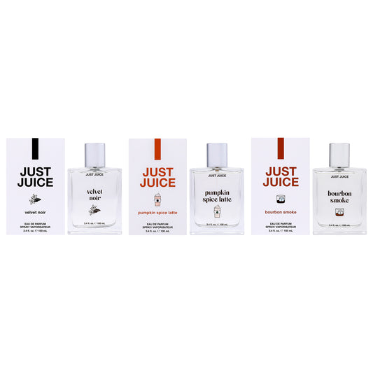 Warm and Cozy Nights Kit by Just Juice for Unisex - 3 Pc Kit 3.4oz Pumpkin Spice Latte EDP Spray, 3.4oz Bourbon Smoke EDP Spray, 3.4oz Velvet Noir EDP Spray