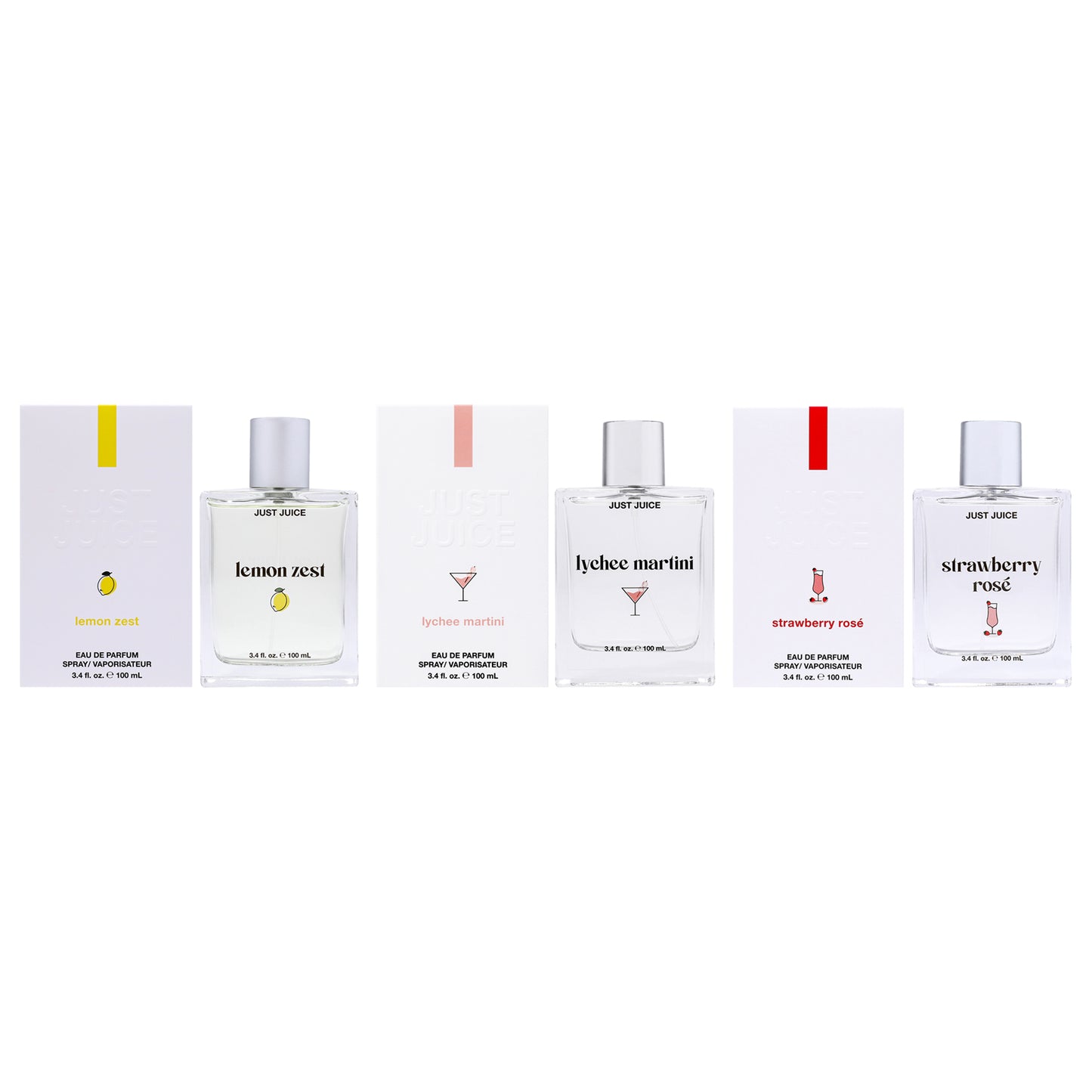 Fresh and Bright Kit by Just Juice for Unisex - 3 Pc Kit 3.4oz Lemon Zest EDP Spray, 3.4oz Strawberry Rose EDP Spray, 3.4oz Lychee Martini EDP Spray