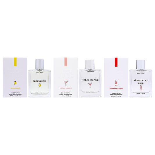 Fresh and Bright Kit by Just Juice for Unisex - 3 Pc Kit 3.4oz Lemon Zest EDP Spray, 3.4oz Strawberry Rose EDP Spray, 3.4oz Lychee Martini EDP Spray