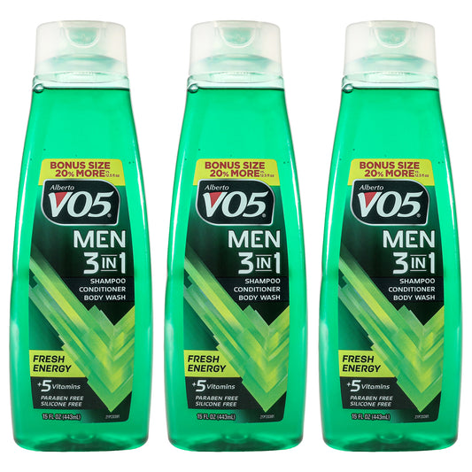 3-in-1 Fresh Energy Shampoo Conditioner and Body Wash by Alberto VO5 for Unisex - 15 oz Body Wash - Pack of 3