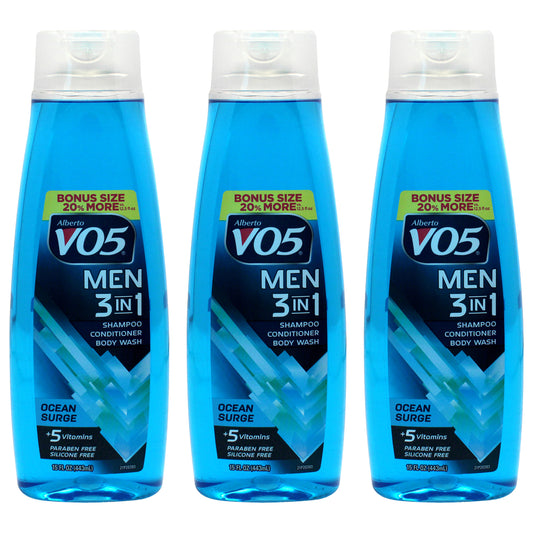 3-in-1 Ocean Surge Shampoo Conditioner and Body Wash by Alberto VO5 for Unisex - 15 oz Body Wash - Pack of 3