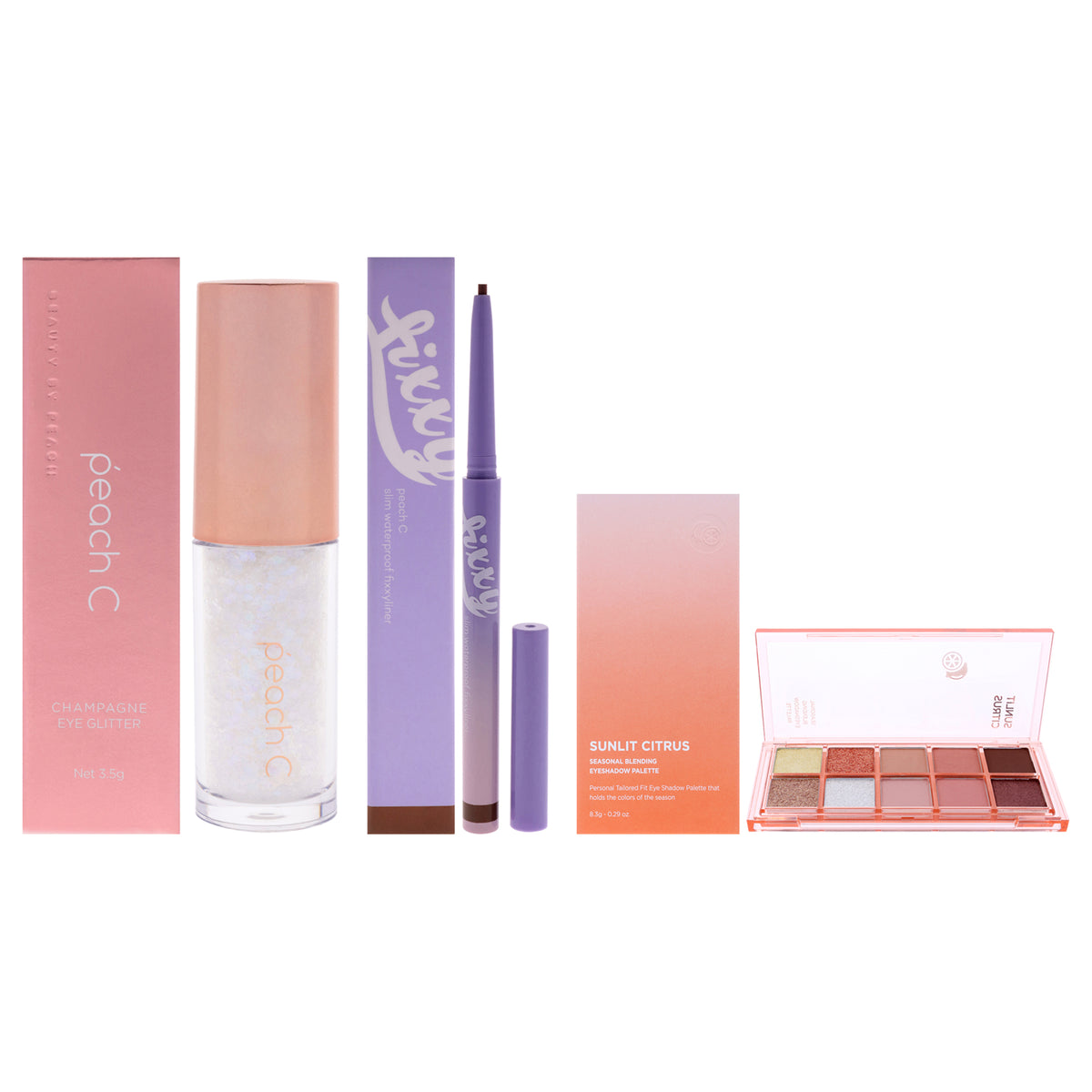 Peach C Kit by Peach C for Women - 3 Pc Kit 0.12oz Eye Shadow - 01 Pure White, 0.04 Eyeliner - 03 Soft Brown, 0.29oz Eye Shadow - 04 Sunlit Citrus