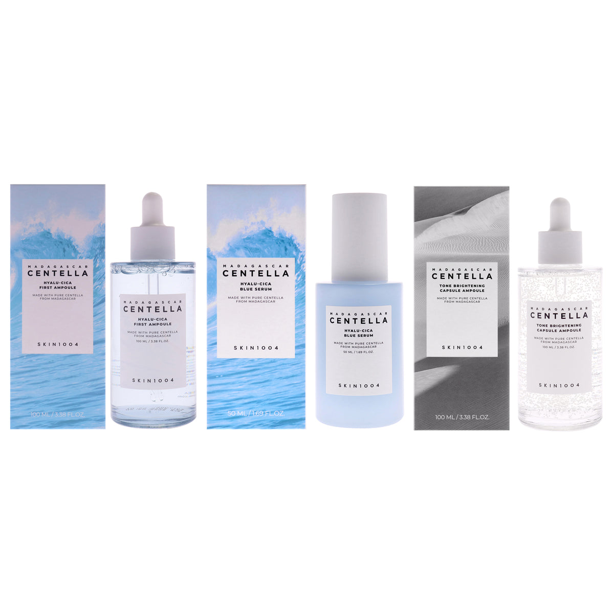 Madagascar Centella Kit by Skin1004 for Women - 3 Pc Kit 3.38oz Hyalu Cica First Ampoule Treatment, 1.69oz Hyalu Cica Blue Serum, 3.38oz Toner Brightenng Capsule Ampoule
