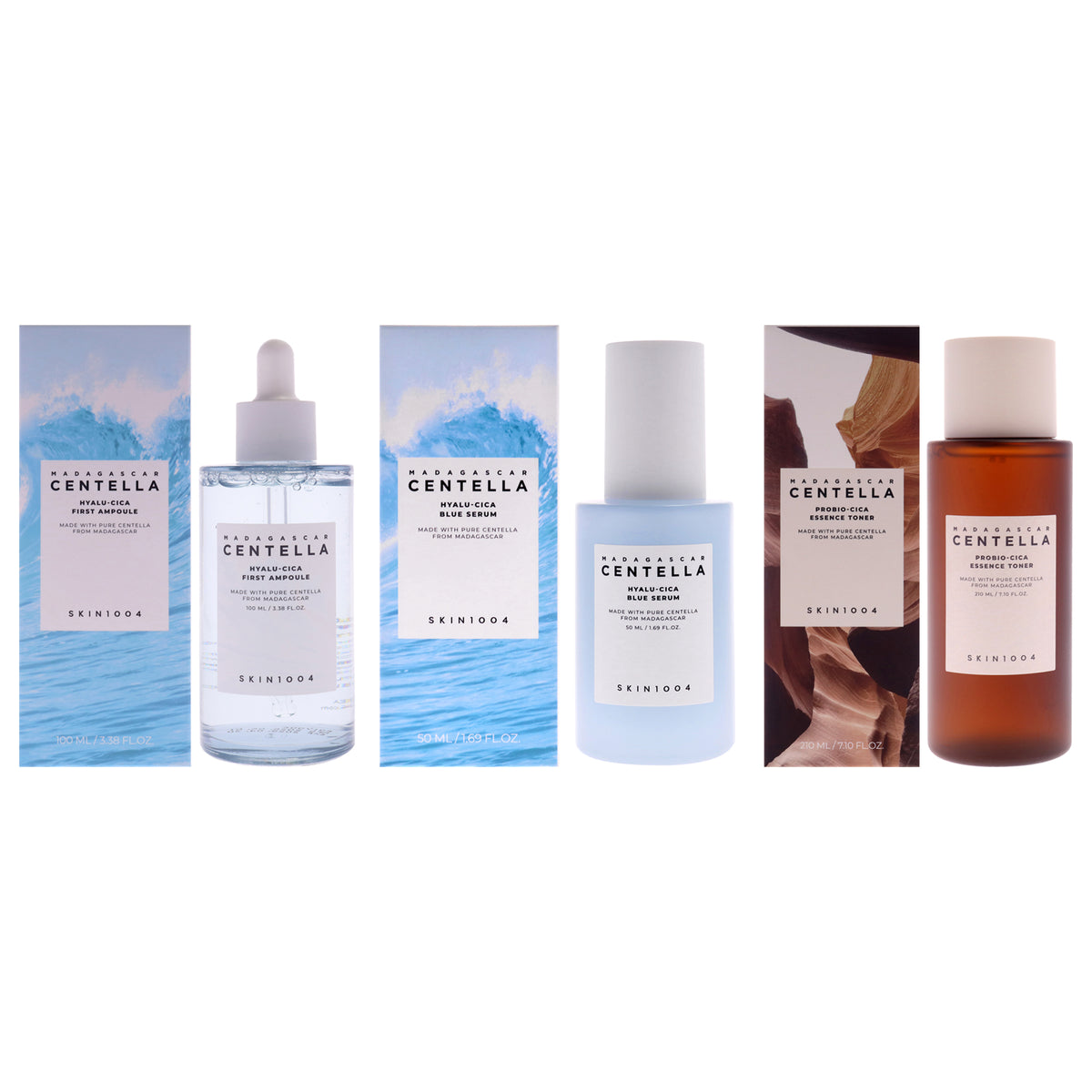 Madagascar Centella Kit by Skin1004 for Women - 3 Pc Kit 3.38oz Hyalu Cica First Ampoule Treatment, 1.69oz Hyalu Cica Blue Serum, 7.1oz Probio Cica Essence Toner
