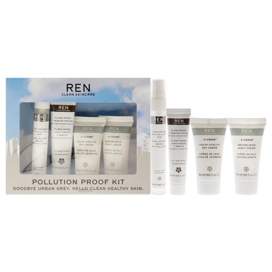Pollution Proof Kit by REN for Unisex - 4 Pc  0.5oz Flash Rinse 1 Minute Facial, 0.5oz V-Cense Youth Vitality Day Cream,0.5oz V-Cense Revitalising Night Cream, 0.30oz Flash Defense Anti-Pollution Mist