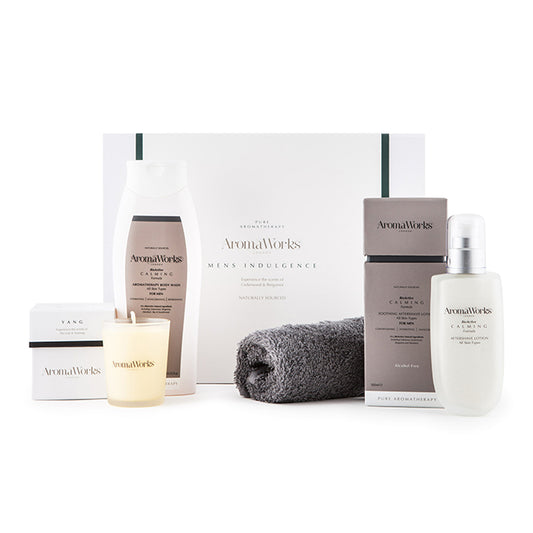 Mens Indulgence Set by Aromaworks for Men - 4 Pc Set 3.4oz Calming AfterShave Lotion, 10.55oz Calming Body Wash 2.6oz Yang Candle, Slate Gray Flannel