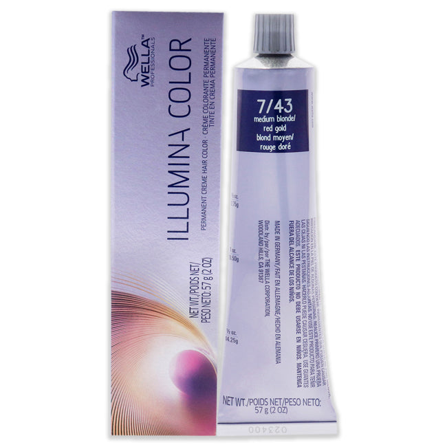 Illumina Color Permanent Creme Hair Color - 7 43 Medium Blonde-Red Gold by Wella for Unisex - 2 oz Hair Color