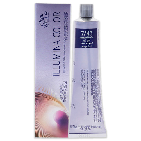 Illumina Color Permanent Creme Hair Color - 7 43 Medium Blonde-Red Gold by Wella for Unisex - 2 oz Hair Color