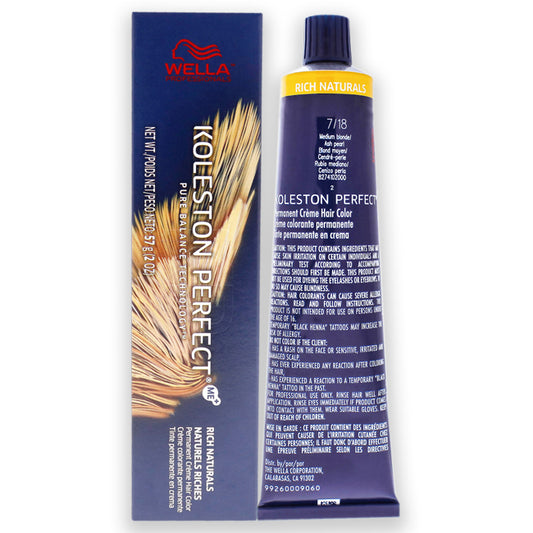 Koleston Perfect Permanent Creme Haircolor - 7 18 Medium Blonde-Ash Pearl by Wella for Unisex - 2 oz Hair Color