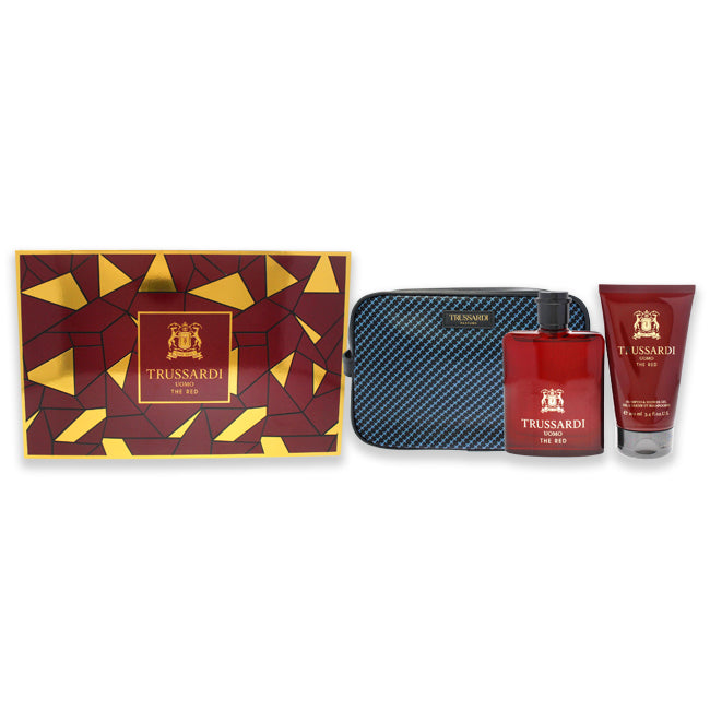 Uomo The Red by Trussardi for Men - 3 Pc Gift Set 3.4oz EDT Spray, 3.4oz Shampoo anad Shower Gel, Washbag