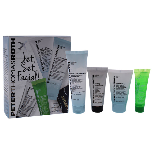 Jet Set Facial by Peter Thomas Roth for Unisex - 4 Pc Kit 0.5oz Firmx Peeling Gel, 0.47oz Cucumber Gel Mask Extreme De-Tox Hydrator, 1oz Water Drench Cloud Cream Cleanser, 0.67oz Water Drench Hylauronic Cloud Cream Hydrating Moisturizer