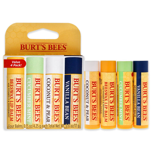 Beeswax Bounty Set - Assorted Mix by Burts Bees for Unisex - 4 Pc Set 4 x 0.15oz Lip Balm Beeswax, Vanilla Bean, Cucumber Mint, Coconut Pear
