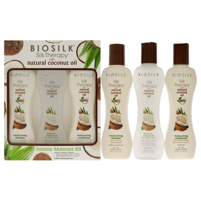Silk Therapy With Organic Coconut Intense Moisture Kit by Biosilk for Unisex - 3 Pc 5.64oz Shampoo, 5.64oz Conditioner, 5.64oz Leave-In Treatment for Hair and Skin