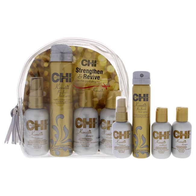 Strengthen and Revive On The Go Styling Kit by CHI for Unisex - 4 Pc 2oz Keratin Shampoo, 2oz Keratin Conditioner, 2oz Keratin Leave-In Conditioner, 2.6oz Keratin Flex Finish Hair Spray