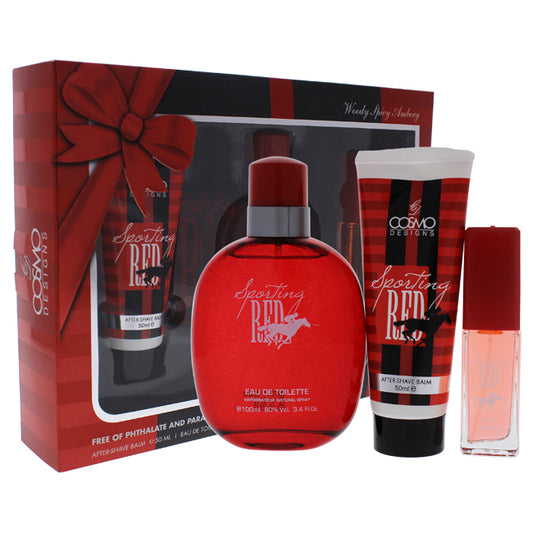 Sporting Red by Cosmo Designs for Men - 3 Pc Gift Set 3.4oz EDT Spray, 0.5oz EDT Spray, 1.7oz After Shave Balm