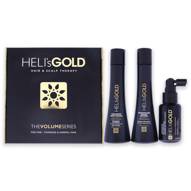 Volume Series Travel Kit by Helis Gold for Unisex - 3 Pc 3.3oz Weightless Conditioner, 3.3oz Volumize Shampoo, 1.7oz Antidote Scalp and Hair Revitalizer