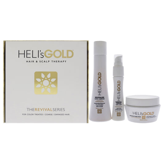 The Revival Series Travel Kit by Helis Gold for Unisex - 3 Pc 3.3oz Revitalize Shampoo, 3.3oz Restructure Masque, 1oz Crystal Cream