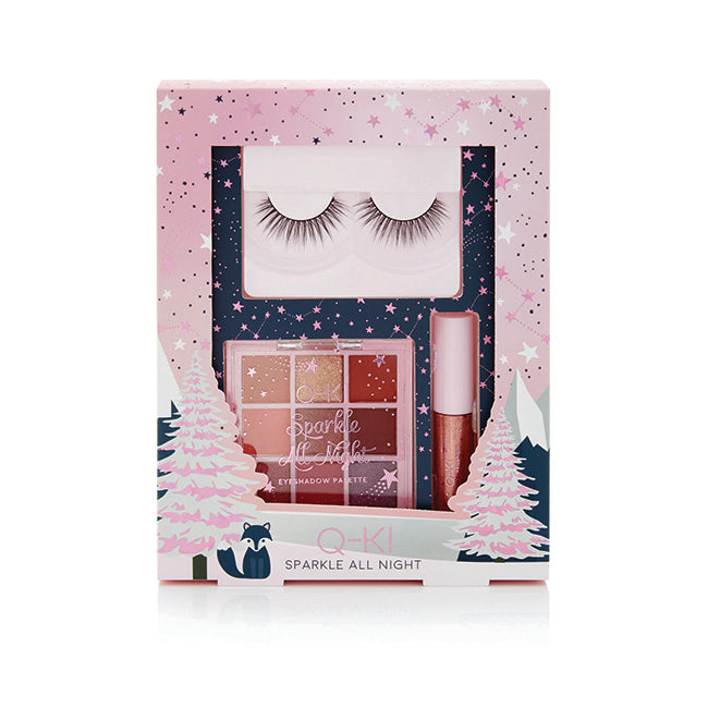 Sparkle All Night Set by Q-KI for Women - 4 Pc False Eye Lashes, False Eye Lash Glue, Eyeshadows, Liquid Shimmer Eyeshadow