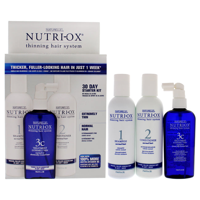 Extremely Thin Normal Hair Starter Kit by Nutri-Ox for Unisex - 3 Pc Gift Set 6oz Shampoo Normal, 6oz Conditioner Normal, 4oz Treatment for Extremely Thin Normal and Chemically-Treated