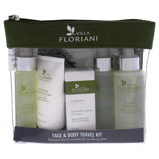 Face and Body Travel Kit by Villa Floriani for Women - 5 Pc 3.4oz Cucumber Cleansing GEL, 1.69oz Cucumber Toner, 0.68oz Chamomile Calming Day Lotion SPF20, 2.53 Ultra Hydrating Cucumber Body Cream, 1.69oz Olive Oil Satin Body Spray