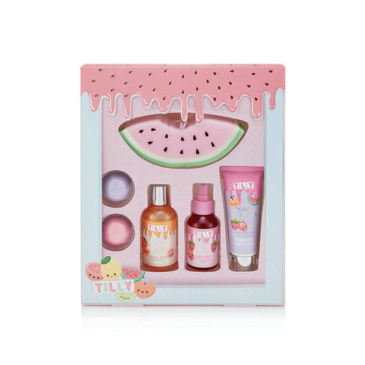 Fruity Blockbuster Set by Tilly for Women - 6 Pc 120ml Bubble Bath, 100ml Body Mist Cherry, 100ml Hand Lotion, 2 x 50g Bath Fizzer, Watermelon Sponge
