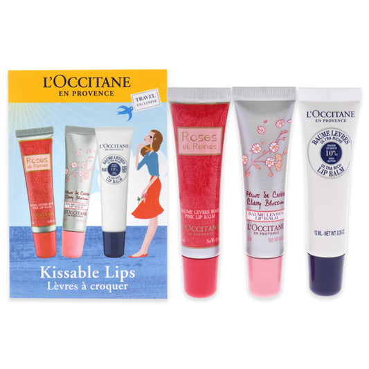 Kissable Lips Set by LOccitane for Women - 3 Pc 0.4oz Shea Butter Ultra Rich Lip Balm, 0.39oz Roses Et Reine Pink Lip Balm, 0.4oz Cherry Blossom Lip Balm