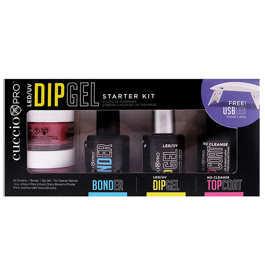 Led-Uv Dip Gel Starter Kit by Cuccio Colour for Women - 6 Pc 0.5oz Bonder, 0.5oz Dip Gel, 0.5oz No Cleanse Topcoat, 0.5oz Akiss In Paris and 0.5oz Kyoto Chewrry Blossoms Powder Polish, Free USB Travel Led Lamp