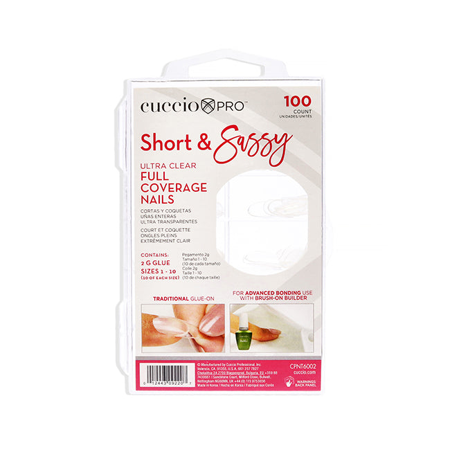 Short and Sassy Full Coverage Nail Tips - Ultra Clear by Cuccio Pro for Women - 100 Count Nail Tips
