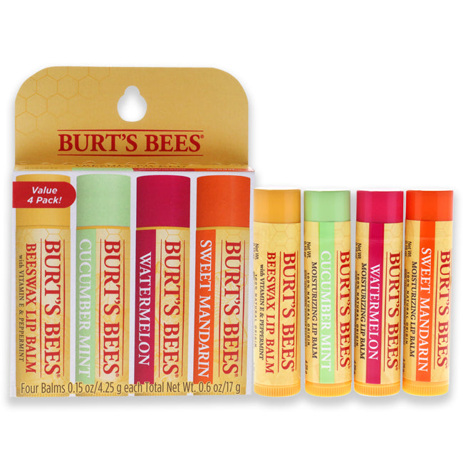 Freshly Picked Moisturizing Lip Balm Blister Pack by Burts Bees for Unisex - 4 x 0.15 oz Lip Balm Watermelon, Sweet Mandarin, Beeswax, Cucumber Mint