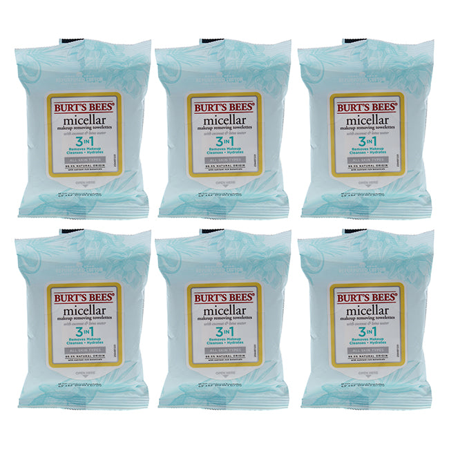 Micellar Makeup Removing Towelettes - Coconut and Lotus Water by Burts Bees for Women - 10 Count Towelettes - Pack of 6