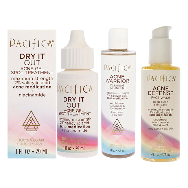 Pacific Acne Kit by Pacifica for Unisex - 3 Pc Kit 5.8oz Acne Defense Face Was, 8oz Acne Warrior Clearing Astringent, 1oz Dry It Out Acne Gel Spot Treatment