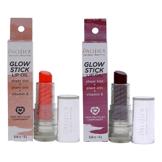 Glow Stick Lip Oil Kit by Pacifica for Women - 2 Pc Kit 0.14oz Lip Oil - Crimson Crush, 0.14oz Lip Oil - Pale Sunset