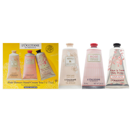 Pink Flowers Hand Cream Trio by LOccitane for Unisex - 3 x 2.6 oz Neroli and Orchidee Hand Cream, Rose Hand Cream, Cherry Blossom Hand Cream