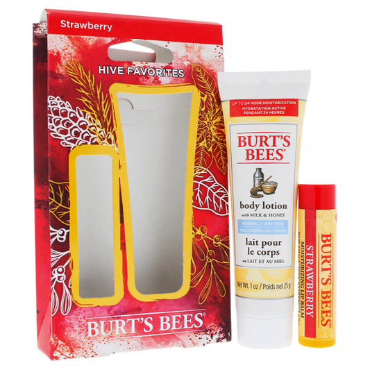 Hive Favorites Strawberry Kit by Burts Bees for Unisex - 2 Pc 0.15oz Strawberry Moisturizing Lip Balm, 1oz Body Lotion with Milk & Honey