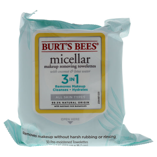 Micellar Makeup Removing Towelettes - Coconut and Lotus Water by Burts Bees for Unisex - 30 Count Tow
