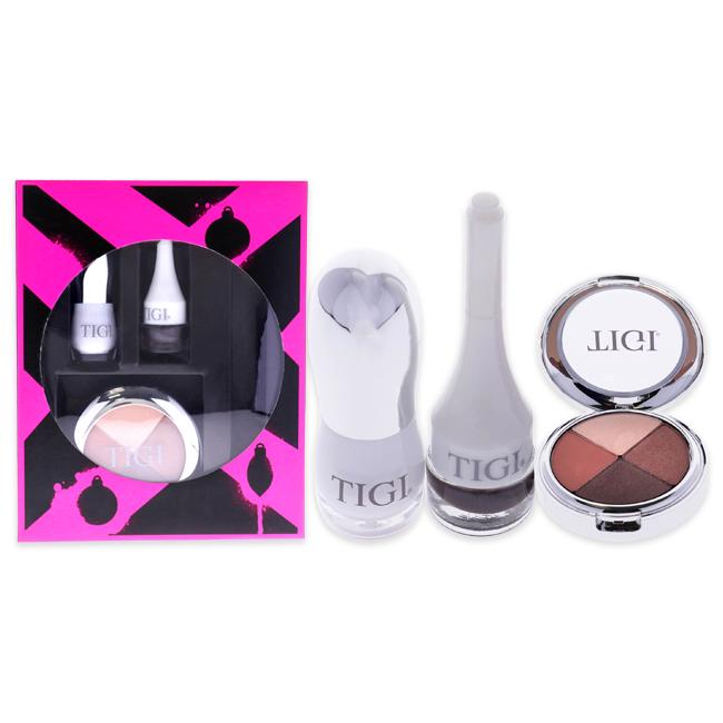 Total Knockout Set by TIGI for Women - 4 Pc Set 0.301oz Hight Density Quad Eyeshadow - Love Affair , 0.11oz Luxe Lip Gloss - Dumb Blonde, 0.14oz Decadent Lipstick - Fierce, 0.10oz Creme Eyeliner - Graphite