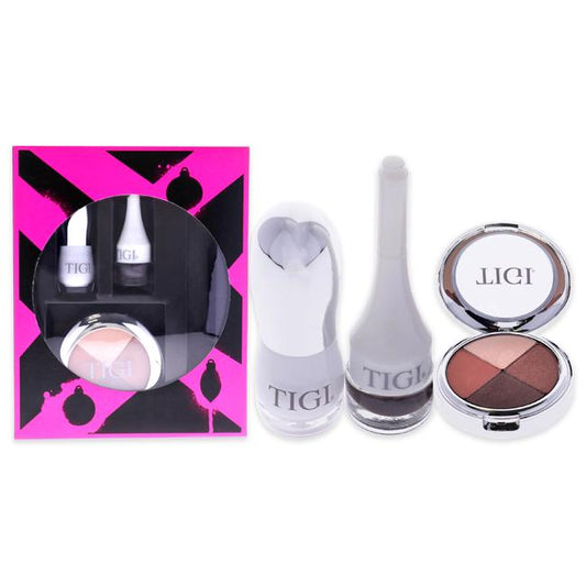 Total Knockout Set by TIGI for Women - 4 Pc Set 0.301oz Hight Density Quad Eyeshadow - Love Affair , 0.11oz Luxe Lip Gloss - Dumb Blonde, 0.14oz Decadent Lipstick - Fierce, 0.10oz Creme Eyeliner - Graphite