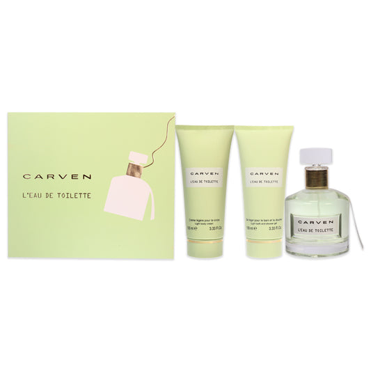 LEau De Toilette by Carven for Women - 3 Pc Gift Set 3.33oz EDT Spray, 3.33oz Light Body Cream, 3.33oz Ligth Bath and Shower Gel