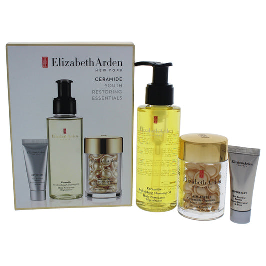 Ceramide Youth Restoring Essentials Set by Elizabeth Arden for Women - 3 Pc Set 3.4oz Ceramide Replenishing Cleansing Oil, 30caps Advanced Ceramide Capsules Daily Youth Restoring Serum,0.17oz Superstart Skin Renewal Booster