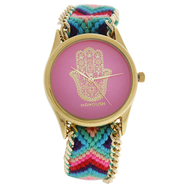 MSHHIPH Hindi Hand - Gold/Pink Nylon Strap Watch by Manoush for Women - 1 Pc Watch